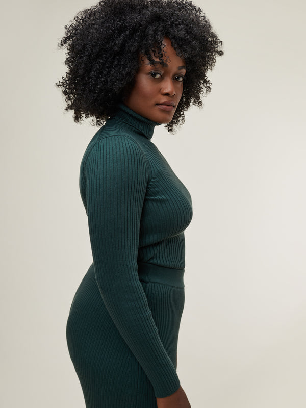 Billie Knitted Rib Roll Neck Pine Green